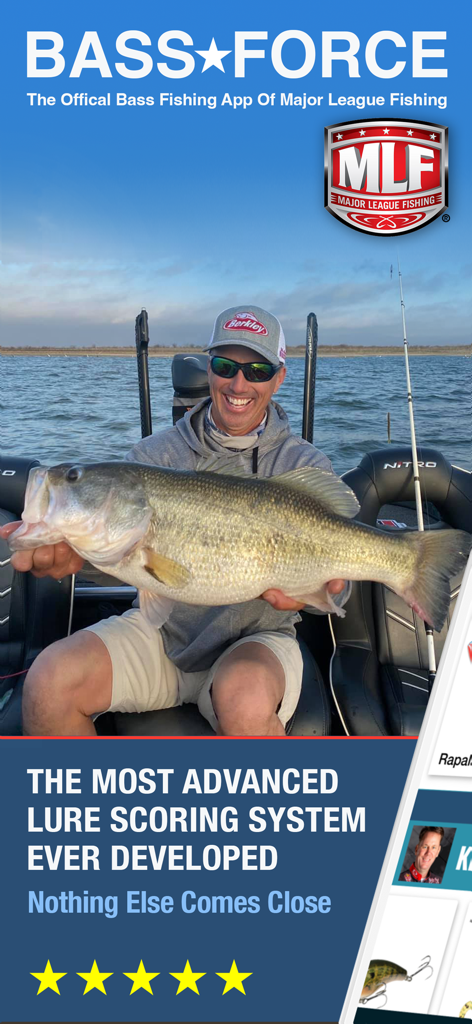 BassForce: Bass Fishing Guide - BassForce app screen showing a fisherman holding a large catch and the official Major League Fishing logo