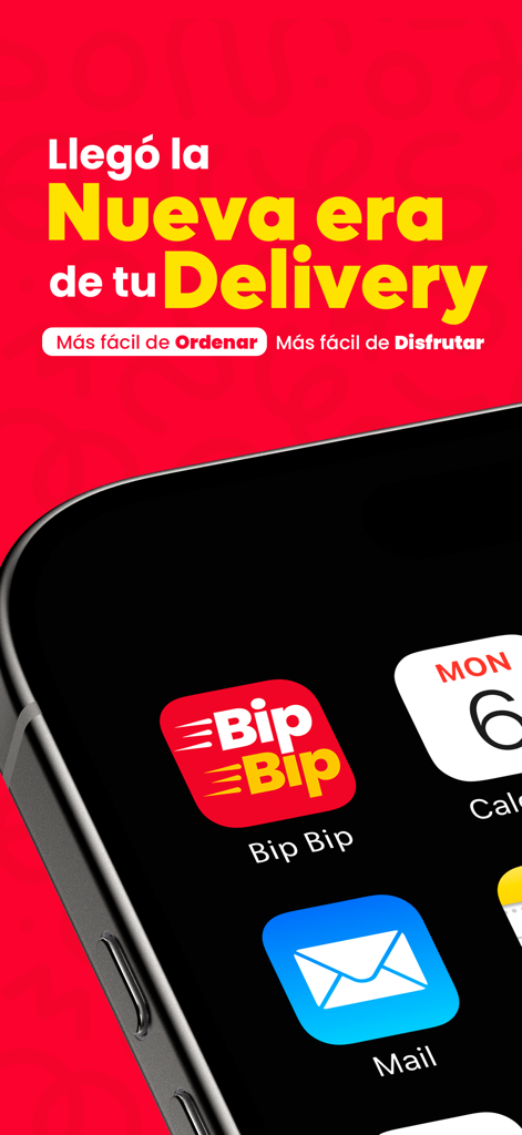 Bip Bip - Pantalla de inicio de smartphone con el icono de la app de entrega de comida Bip Bip y texto de marketing en español para entrega de comida.