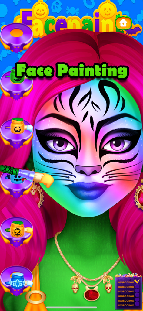 Halloween Makeover Simulator - A character with pink hair and rainbow tiger face paint in Halloween Makeover Simulator.