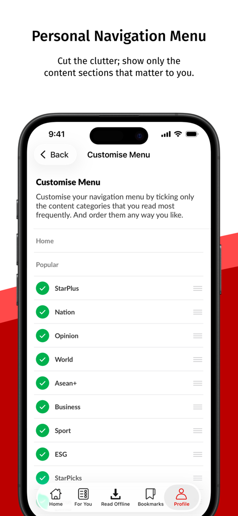 The Star Malaysia - The Star Malaysia app screen showing the personal navigation menu customization for selecting and ordering news categories