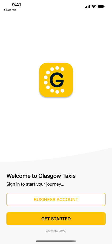 Glasgow Taxis. - Welcome screen of the Glasgow Taxis app showing options for business account login and getting started