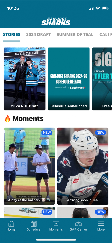 San Jose Sharks + SAP Center - San Jose Sharks app home screen showing news stories and team moments