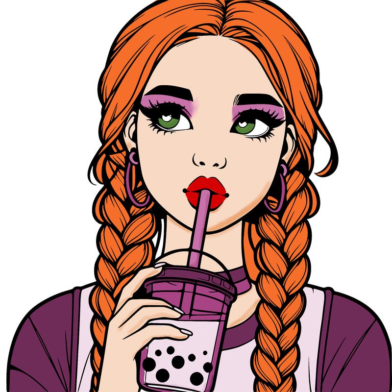 realistic girl with braided hair drinking boba