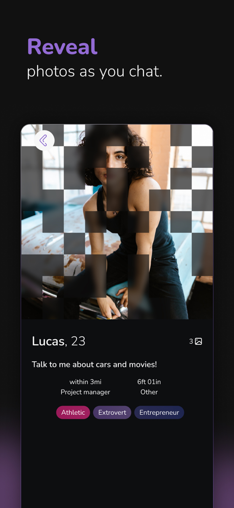 HiMoon: LGBTQ+ Dating & Chat - A profile on the HiMoon LGBTQ dating app showing the pixelated photo reveal feature