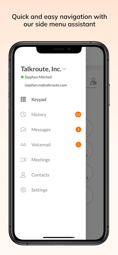 Talkroute business phone app side menu showing navigation options for calls, messages, and voicemail on an iPhone.