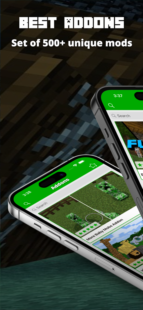 마인크래프트 포켓 에디션용 고유 모드 및 애드온 갤러리를 보여주는 iPhone 화면