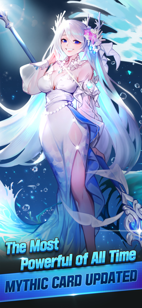 A powerful female mythic card character with long white hair from Triple Fantasy