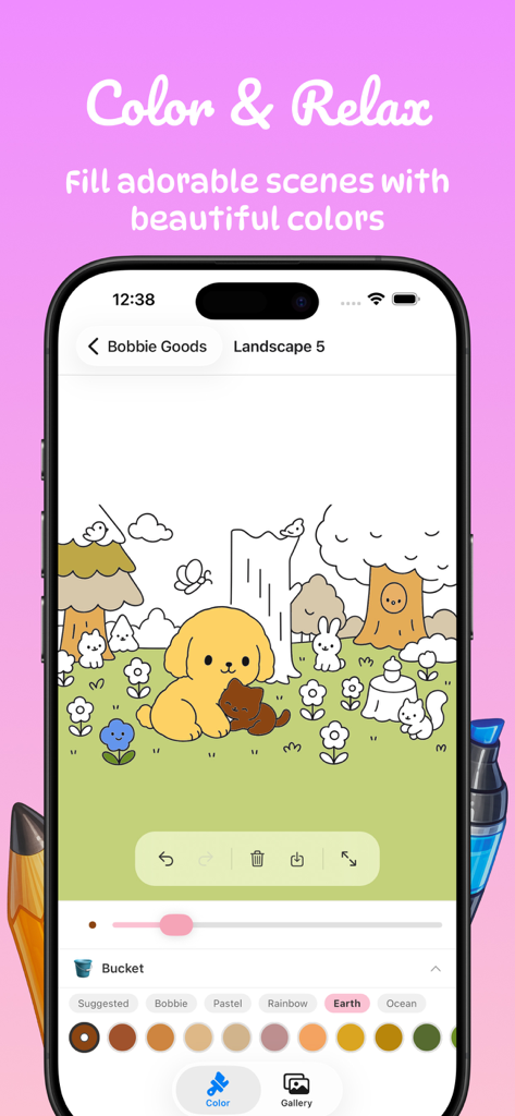 Bobbie Goods: Coloring Book! - Bobbie Goods coloring book app interface showing a cute dog and cat illustration