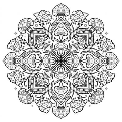 Unleash your creativity with this exquisite red carnation mandala. This symmetrical floral design offers a calming and intricate coloring experience.