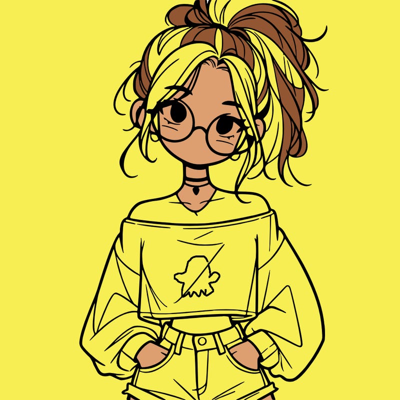 girl with a messy ponytail glasses a baggy crop top and jean shorts