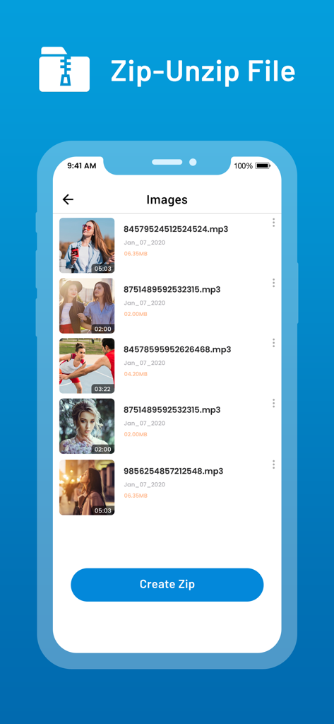 Unarchiver : Zip Unzip Tool - Unarchiver app interface showing a list of files and a Create Zip button.