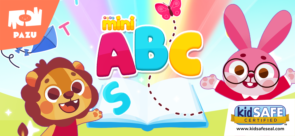 ABC Alphabet Game for kids - Mini ABCs educational app cover featuring a cartoon lion rabbit and kidSAFE certification seal