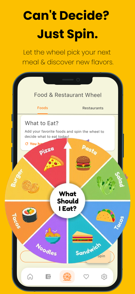 Plan to Eat: Dinner Planner - A colorful digital decision wheel for choosing meals like pizza, tacos, and burgers.