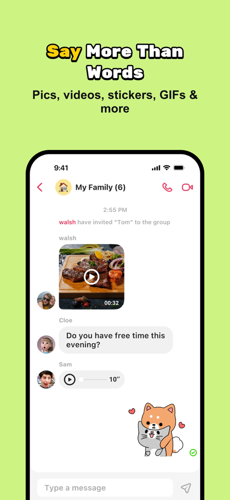 JusTalk Family Messenger - JusTalk Family Messenger family group chat showing multimedia messages and stickers
