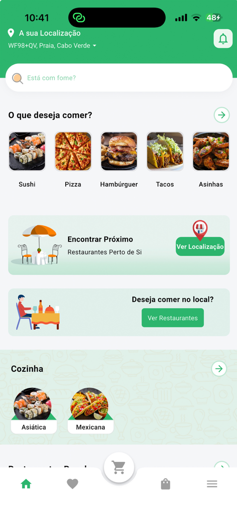 Bafa: pedir comida em casa - Écran d'accueil de l'application de livraison de repas Bafa à Praia, Cap-Vert, montrant diverses catégories de nourriture et une barre de recherche