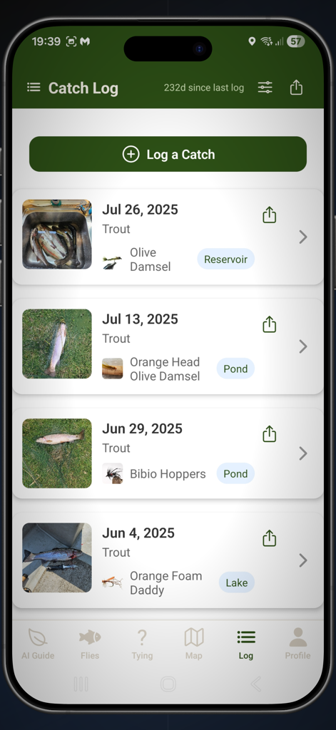 Fly Guide By HookedOnFlies - A digital fly fishing logbook showing a list of trout catches with photos fly types and water body locations