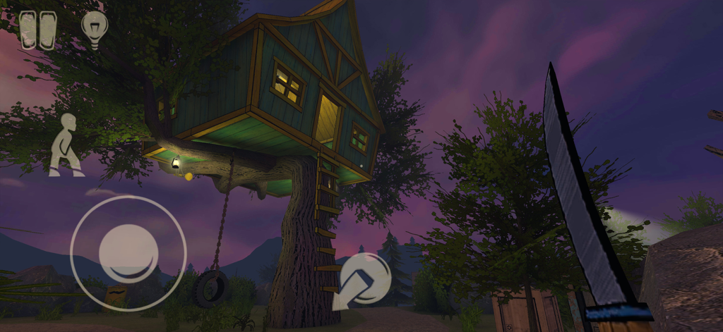 Horror Tale 1: Scary Kidnapper - First-person gameplay showing a large wooden treehouse with a tire swing at dusk