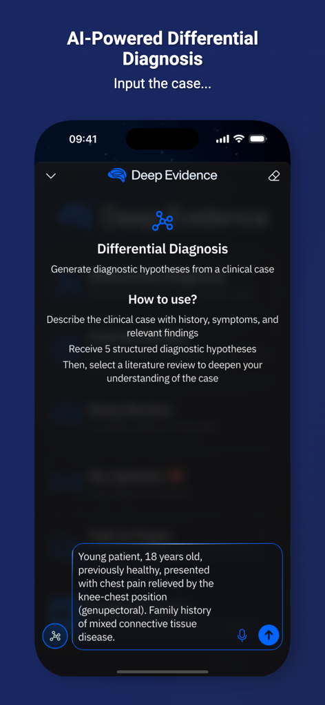 Deep Evidence: Clinical AI - Deep Evidence app interface showing AI-powered differential diagnosis tool with a clinical case input field