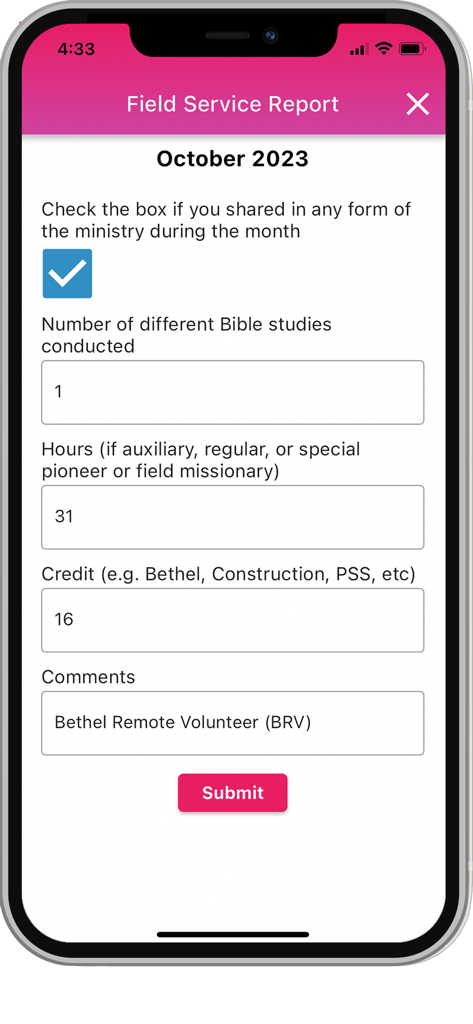 Mobile screen showing the field service report form in the NW Publisher app with fields for hours and bible studies