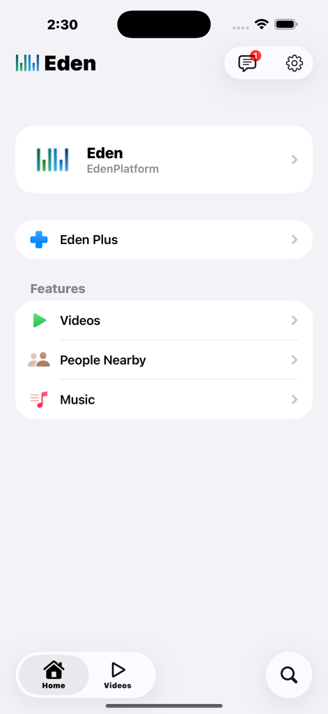 Eden: Watch Video, Meet People - Eden app home screen displaying menu options for videos, people nearby, and music integration.