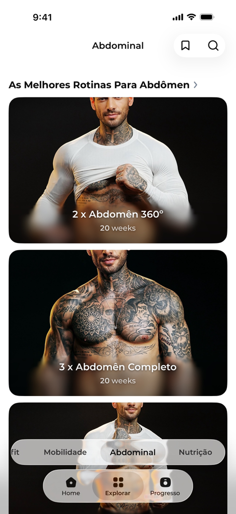 Hibrido+ - Interface do aplicativo Hibrido+ exibindo programas especializados de treinamento de core e abdominal