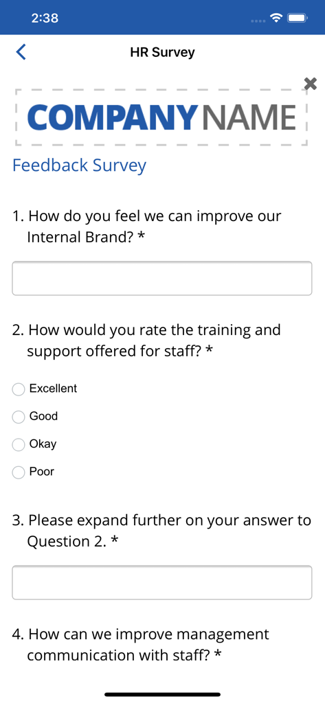 SnapComms mobile app screen displaying an internal employee HR survey
