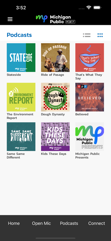 Michigan Public app podcast screen displaying a selection of local NPR podcast shows