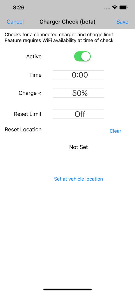 Einstellungsbildschirm für die Charger Check Beta-Funktion in der EV Watch for Tesla App auf dem iPhone