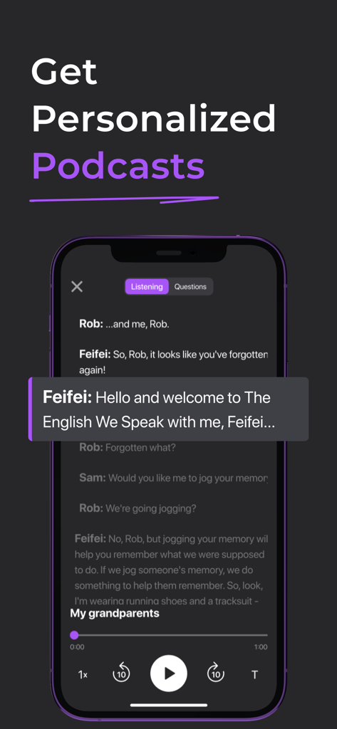 Fluent by Audio & Podcast - Mobile interface of Fluent app showing a synchronized podcast transcript for English learning with audio playback controls.