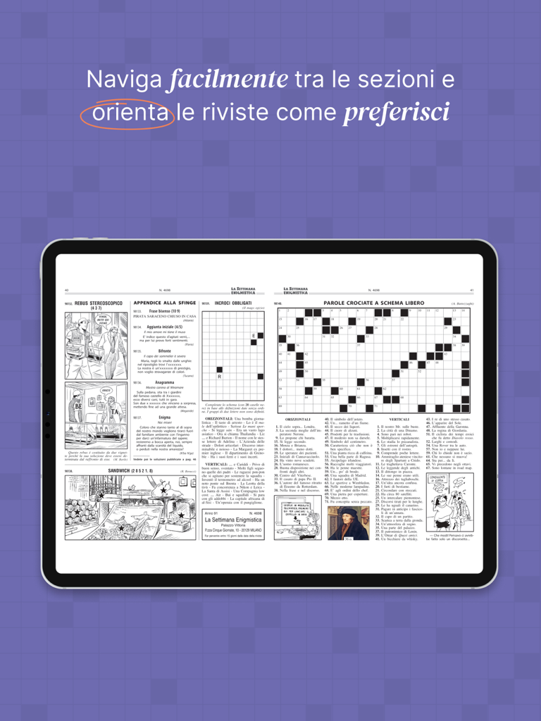 La rivista digitale italiana La Settimana Enigmistica che mostra cruciverba e rebus su una schermata dell'iPad.