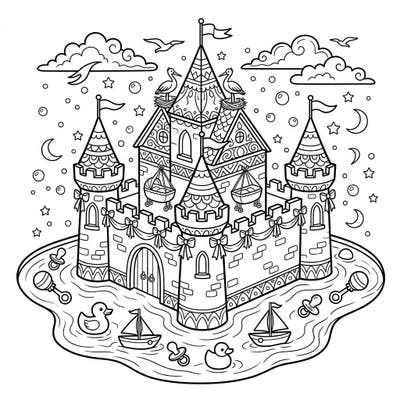 Dive into a world of enchantment with this unique coloring page, combining the majesty of a moated castle with the tender joy of a baby shower. It's an ideal creative activity to celebrate new life and add a personalized touch to your special event.