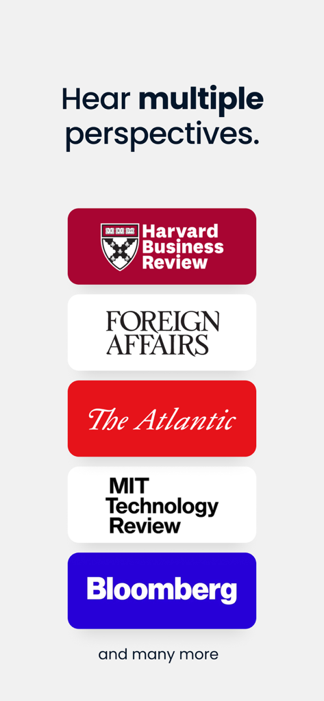 Noa: Listen to audio articles - 多様な視点を示すために、BloombergやThe Atlanticなどの主要出版物のロゴを表示しているNoaアプリの画面