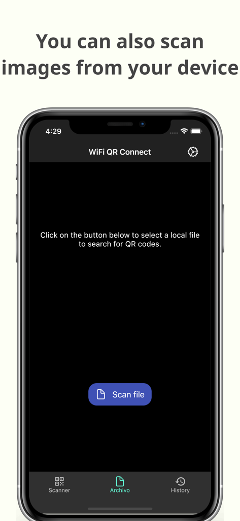 WiFi QR Connect app interface for scanning QR codes from saved image files.