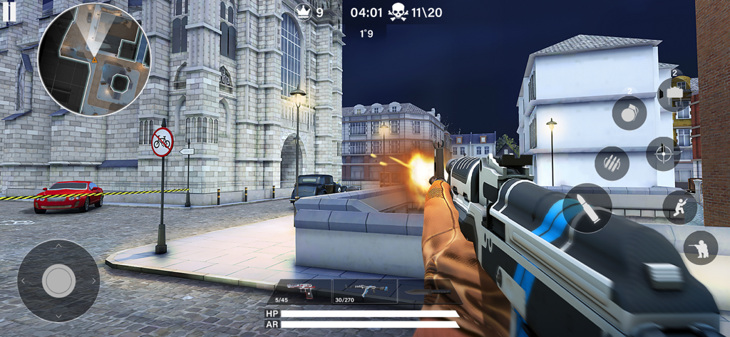Hazmob FPS: Online Shooter - First-person view of tactical urban combat in Hazmob FPS Online Shooter with a customized rifle.