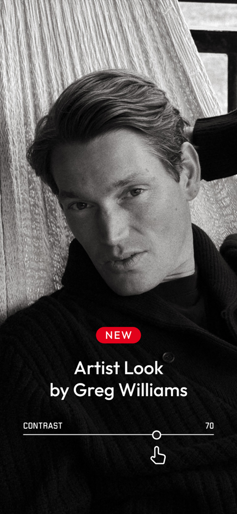 Black and white portrait using the Greg Williams Artist Look filter and contrast adjustment in the Leica LUX app