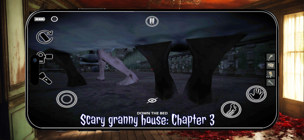 Old Granny: Escape Room - A mobile gameplay screenshot showing the player hiding under a bed from a scary character in Old Granny Escape Room.
