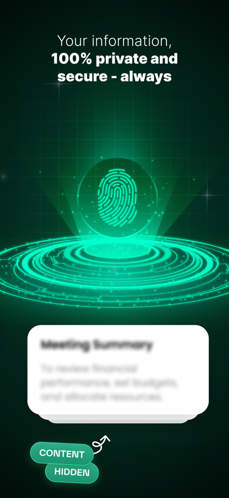 Anotar: Work Meeting Recorder - Anotarアプリのインターフェースに、指紋アイコンとともに100%プライベートで安全な会議要約が強調表示されています。