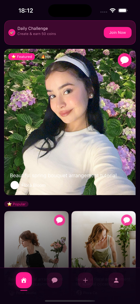 Screenshot of the Toema app feed showing a floral arrangement tutorial by Flora Bloom with featured spring bouquet content.