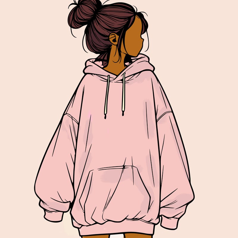 realistic girl with a oversized sweatshirt on and a bun