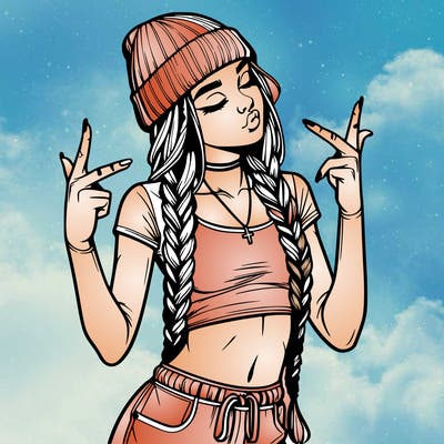 realistic teenage girl with braids and a beanie and crop top doing 🫶🏼