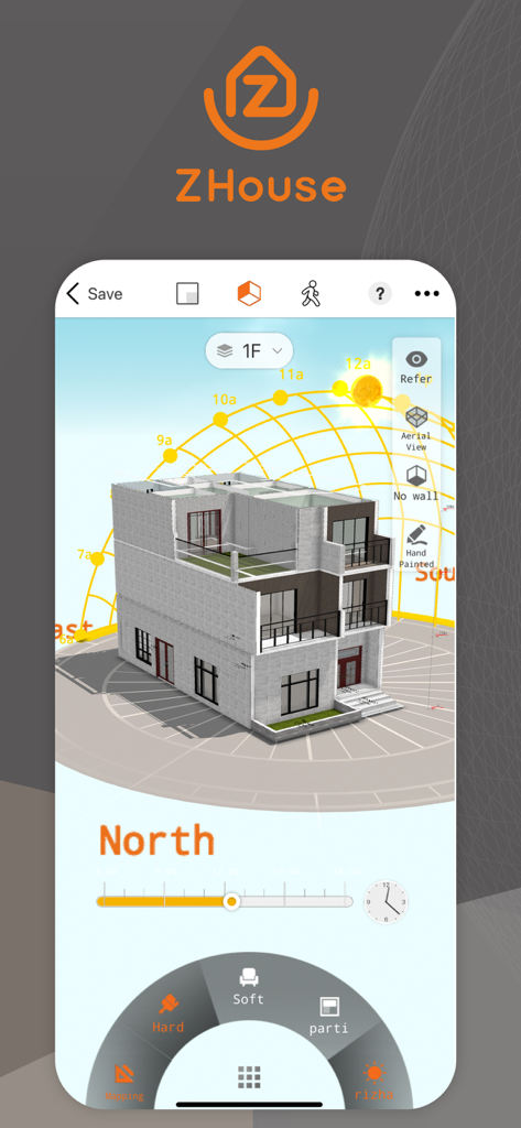 ZHouse app interface showing a 3D architectural house model with a sun path visualization for lighting analysis