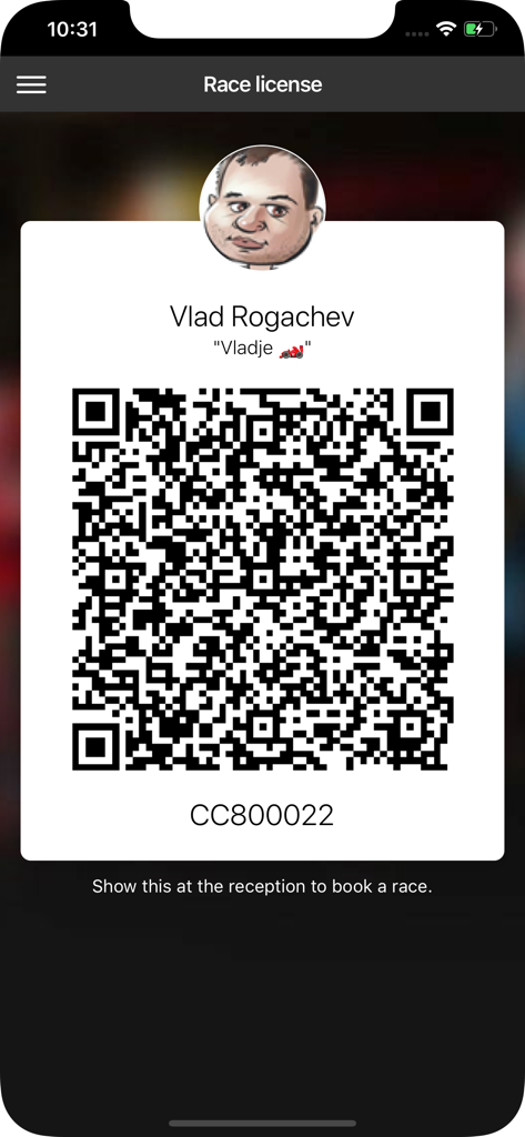 Licença digital de corrida do aplicativo Activity Box com código QR para registro rápido