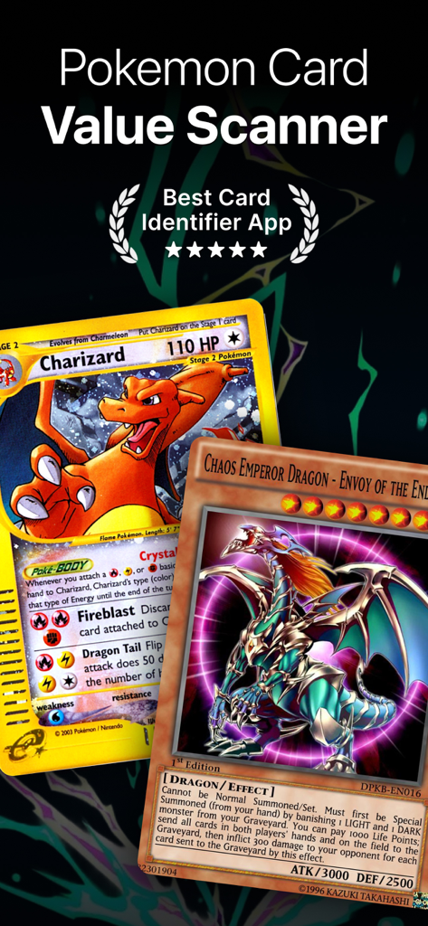 Poke AI: Pokemon Card Scanner - Promotion for Poke AI app showing Pokemon and Yu-Gi-Oh cards with the text Pokemon Card Value Scanner