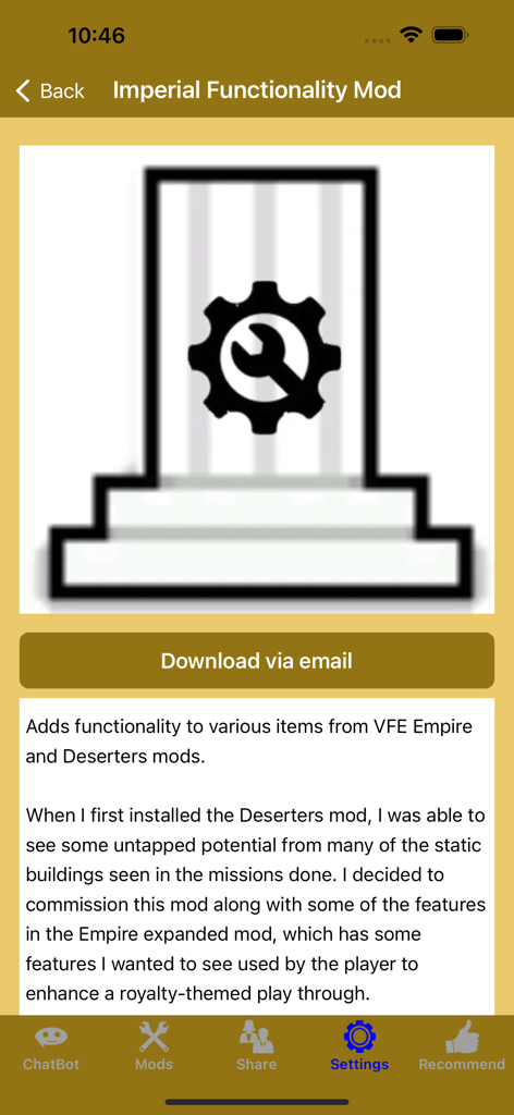 RimW - Game Mods (RW, Rim) - RimWアプリのRimWorld用Imperial Functionality Modの詳細とダウンロードオプションを表示する画面