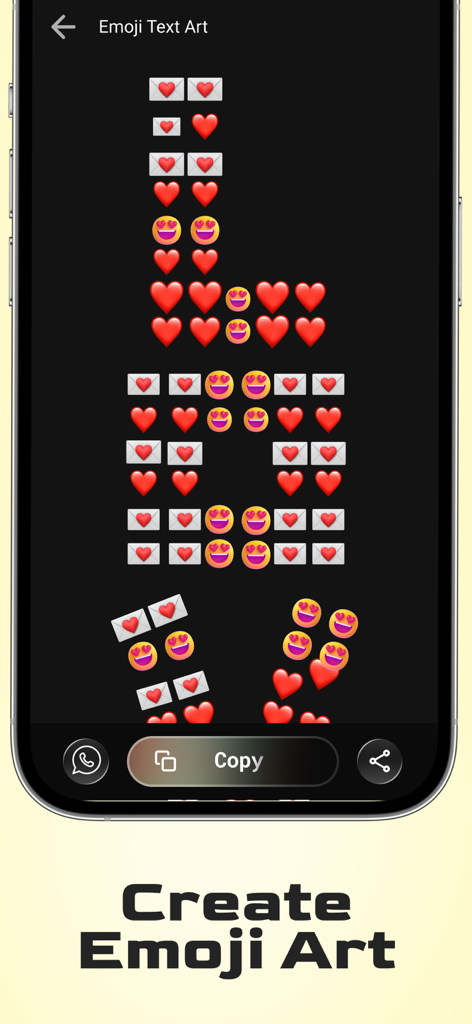 Nickname Generator: Fancy Text - A mobile interface for creating decorative emoji text art featuring heart and smiley symbols on a dark background.