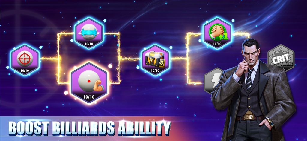 8 Ball Battle - Pool Games - Menu dell'albero tecnologico che mostra potenziamenti delle abilità di biliardo e progressione del personaggio in 8 Ball Battle