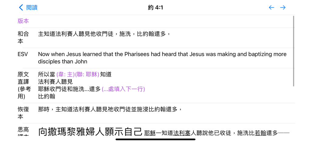 A screenshot of the Faith Hope Love Bible Tools app displaying verse John 4:1 across multiple Chinese and English translations for study and comparison.