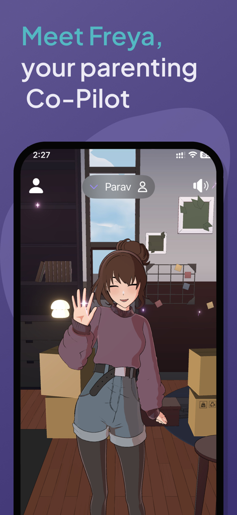 Zura - Learn, Play, Grow - Freya the AI character waving in the Zura app screen with the headline Meet Freya your parenting Co-Pilot