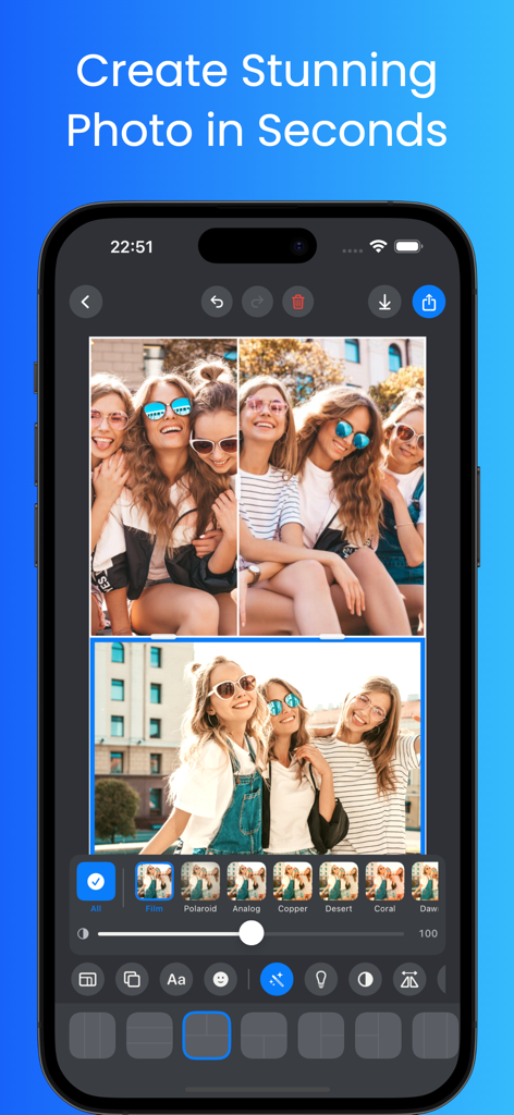Easy Collage - Photo Grids - Interface de l'application Easy Collage montrant une grille de photos avec des filtres d'édition et des outils de mise en page