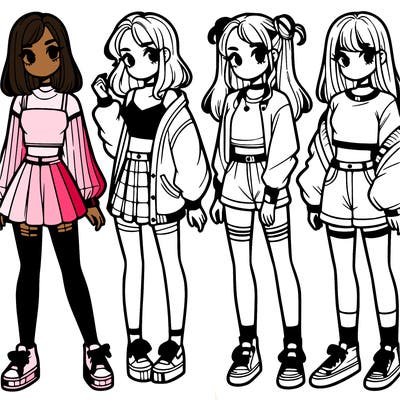 one girl with crop-top shirt and a jacket with a skirt, long socks and another girl with a shirt and pants with a jacket